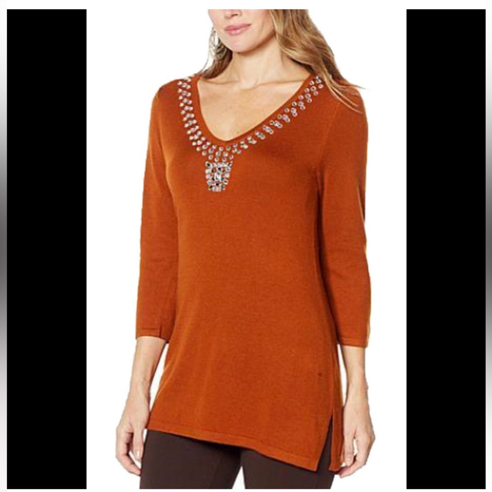 NWT. IMAN Global Chic Touch of
Cashmere Sweater Tunic Saddle
Brown - Regular XS